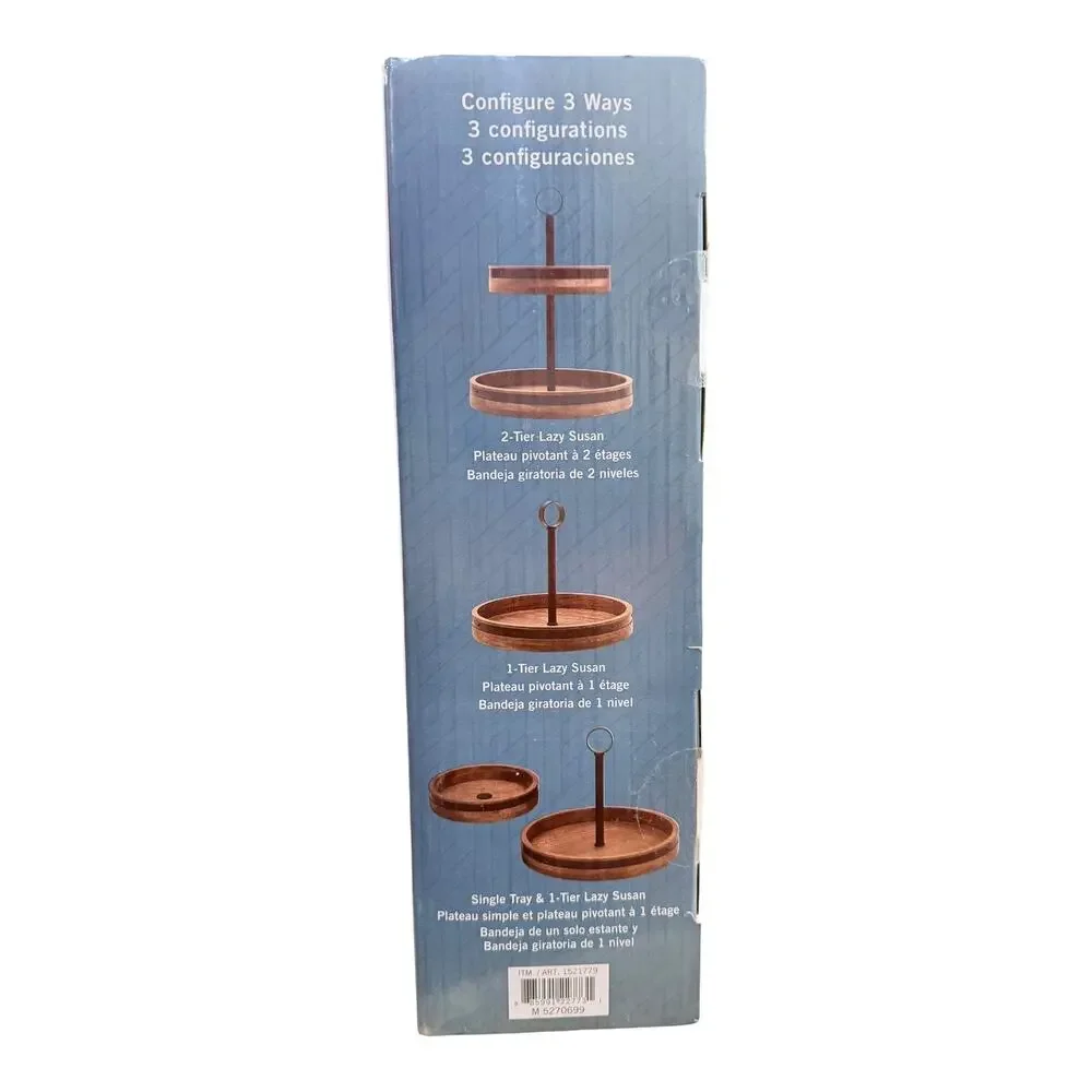Mikasa 2 Tier Lazy Susan Burnished Iron Band Mango Wood Trays 2in1 Convertible!